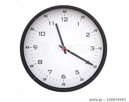 A modern white face with black numbers analog wall clock Showing 11:20 or 23:20. Isolated on White Background. A modern white face with black numbers analog wall clock Showing 11:20 or 23:20. Isolated on White Background. 126634943