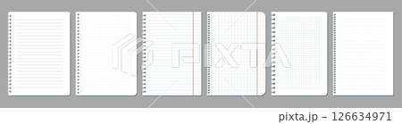 Torn blank paper sheet or set of empty page. Vector background for message. Office document for writing, school journal backdrop. Note grid or memo lined bound. Perforated realistic element for text. Torn blank paper sheet or set of empty page. Vector background for message. Office document for writing, school journal backdrop. Note grid or memo lined bound. Perforated realistic element for text. 126634971
