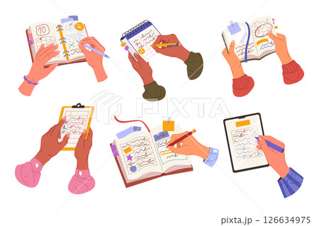 Set of vector planner or reminder, todo list. Handwritten diary or checklist page, schedule or calendar. Clipart of hands writing timetable or journal, diary. Office documentation. Plan making page. 126634975