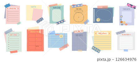 Note paper sheets set. Vector memo with adhesive labels. Blank or empty torn page for message. Writable square for office. Planer or organizer border template. Notebook or scrapbook with sticky tape. 126634976