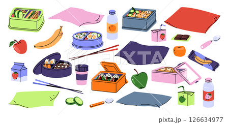 Set of vector icons for lunch. Food element for dinner and meal, lunchbox snack, fruit and vegetables, juice and drink container, bento. Healthy nutrition and eat break. Snack cooking, natural eating. Set of vector icons for lunch. Food element for dinner and meal, lunchbox snack, fruit and vegetables, juice and drink container, bento. Healthy nutrition and eat break. Snack cooking, natural eating. 126634977