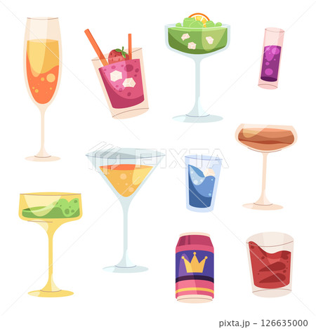 Set of cocktail glass icon. Vector fruity mixed drink with tropical elements. Summer alcohol beverage isolated. Cold refreshment shaker for party or bar. Exotic mocktail for celebration and nightlife. Set of cocktail glass icon. Vector fruity mixed drink with tropical elements. Summer alcohol beverage isolated. Cold refreshment shaker for party or bar. Exotic mocktail for celebration and nightlife. 126635000