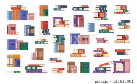 Set of book stack or hardcover literature pile. Vector element for library or bookstore. Fiction and non fiction knowledge material. Content endpaper. Reader information. Learning and reading, study. Set of book stack or hardcover literature pile. Vector element for library or bookstore. Fiction and non fiction knowledge material. Content endpaper. Reader information. Learning and reading, study. 126635001