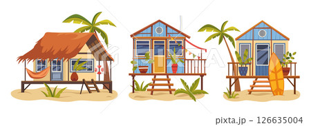 Set of summer house or surfer seashore hut. Vector bungalow with surfboard or summerhouse for vacation. Surfer shelter for leisure. Coastal architecture outdoor. Sea vacation and ocean relaxation. Set of summer house or surfer seashore hut. Vector bungalow with surfboard or summerhouse for vacation. Surfer shelter for leisure. Coastal architecture outdoor. Sea vacation and ocean relaxation. 126635004
