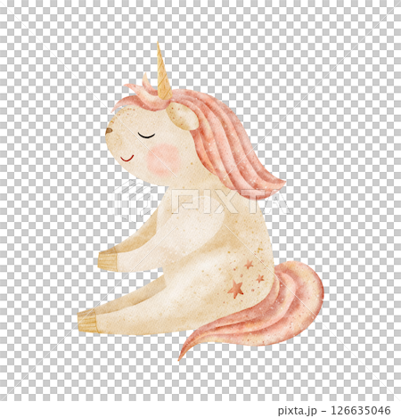 Unicorns with a pink mane. Watercolor illustration hand-drawn in pastel beige on a white background in a children's stylization for the design of greeting cards, birthday party, baby clothes, poster 126635046