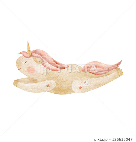 Unicorns with pink mane flying, jumping. Watercolor illustration hand drawn in pastel beige color on white background in retro stylization for design of children's cards, birthday party, baby clothes Unicorns with pink mane flying, jumping. Watercolor illustration hand drawn in pastel beige color on white background in retro stylization for design of children's cards, birthday party, baby clothes 126635047