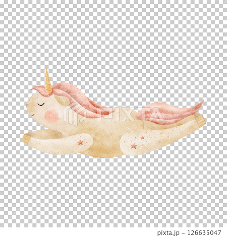 Unicorns with pink mane flying, jumping. Watercolor illustration hand drawn in pastel beige color on white background in retro stylization for design of children's cards, birthday party, baby clothes Unicorns with pink mane flying, jumping. Watercolor illustration hand drawn in pastel beige color on white background in retro stylization for design of children's cards, birthday party, baby clothes 126635047