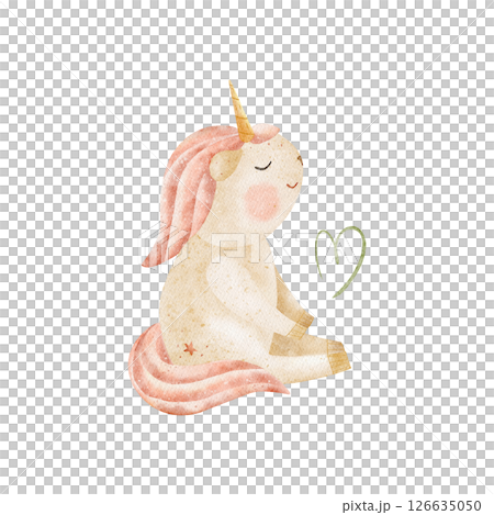 Watercolor illustration unicorns baby sitting, cute smiling. Hand drawn character on white background in childish style for design of greeting cards, birthday party, baby clothes, poster 126635050