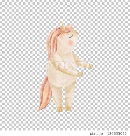 Unicorn baby standing, dancing, pink mane. Watercolor hand drawn illustration in pastel color on white background in childish stylization for design greeting cards birthday party, baby clothes, poster 126635051