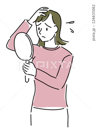 手鏡を見ながら薄毛に悩む女性シンプル線画 126635062