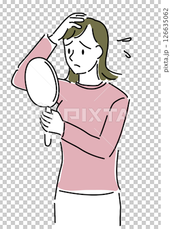 手鏡を見ながら薄毛に悩む女性シンプル線画 126635062