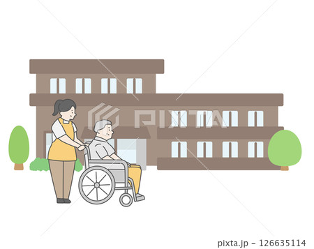老人ホーム  介護施設  建物  介護士  高齢者  イラスト 126635114