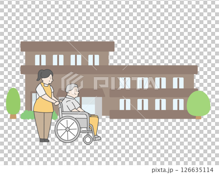 老人ホーム  介護施設  建物  介護士  高齢者  イラスト 126635114