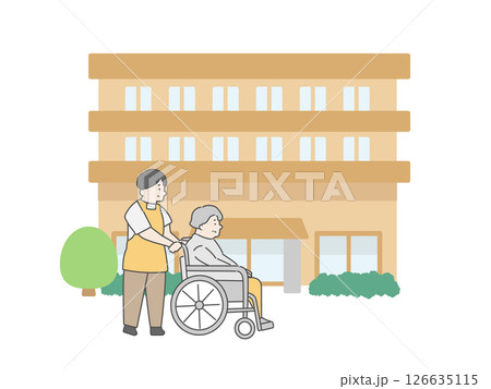 老人ホーム  介護施設  建物  介護士  高齢者  イラスト 126635115