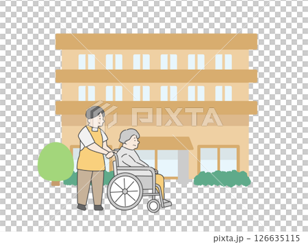 老人ホーム  介護施設  建物  介護士  高齢者  イラスト 126635115