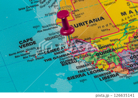 Pinpointing Dakar on a colorful map of West Africa 126635141