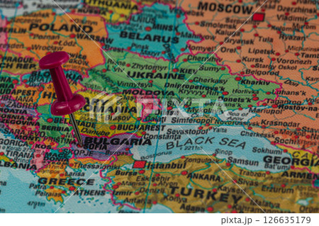 Map highlighting Bulgaria and Romania with a pushpin inserted Map highlighting Bulgaria and Romania with a pushpin inserted 126635179