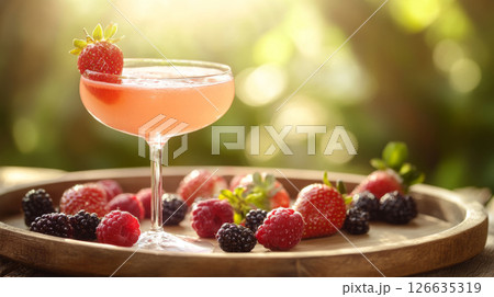 Refreshing Berry Cocktail in Elegant Glass with Fresh Fruits 126635319
