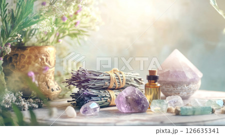 Crystals with Herbs in Morning Sunlight 126635341