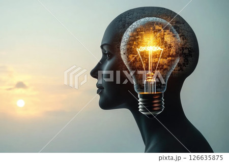 Highlighting the power of ideas, this artwork features a silhouette of a human head with a light bulb, symbolizing creativity and intellectual property. Highlighting the power of ideas, this artwork features a silhouette of a human head with a light bulb, symbolizing creativity and intellectual property. 126635875