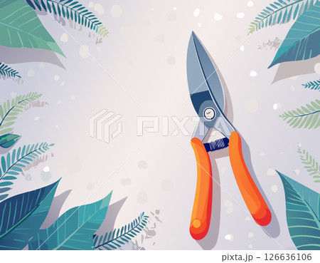 Illustrated herb shears appear close up across blank area emphasizing sharp blue gray blades and ergonomic grip surrounding leaf silhouettes create natural frame inspiring organic product Illustrated herb shears appear close up across blank area emphasizing sharp blue gray blades and ergonomic grip surrounding leaf silhouettes create natural frame inspiring organic product 126636106