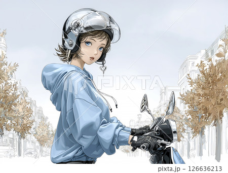 スクーターで紅葉を見に来た若い女性のイラスト素材 126636213