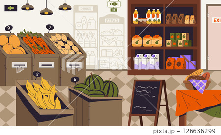 Grocery store interior vector background. Supermarket with goods or shop with vegetables, fruits and dairy products. Mall aisle with banana and watermelon for consumer or buyer. Retail, commerce theme Grocery store interior vector background. Supermarket with goods or shop with vegetables, fruits and dairy products. Mall aisle with banana and watermelon for consumer or buyer. Retail, commerce theme 126636299