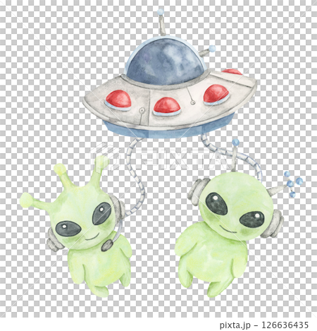 Watercolor clipart of silver-red UFO beaming up two small green aliens with antennae and headphones. Space creatures. Great for party decor, childrens puzzles, and themed event posters Watercolor clipart of silver-red UFO beaming up two small green aliens with antennae and headphones. Space creatures. Great for party decor, childrens puzzles, and themed event posters 126636435