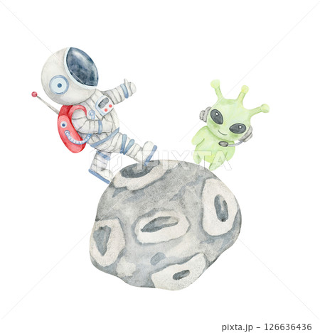 Child astronaut in a light gray suit with red accents and green alien with antennae on gray asteroid in watercolor clipart. Space encounter. Use in comic-style posters, toy packaging, or decor 126636436