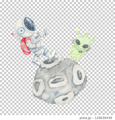 Child astronaut in a light gray suit with red accents and green alien with antennae on gray asteroid in watercolor clipart. Space encounter. Use in comic-style posters, toy packaging, or decor 126636436