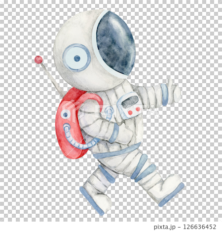 Walking astronaut with gray and white spacesuit with blue visor and red backpack in watercolor. Spaceman clipart. Great for childrens books, wall posters, STEM event flyers, or birthday party graphics 126636452