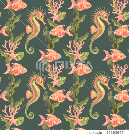 Striped coral seahorses and pink sea stars with green kelp on dark slate blue, rendered in watercolor clipart seamless pattern. Use for bold textile prints or coastal home goods 126636454
