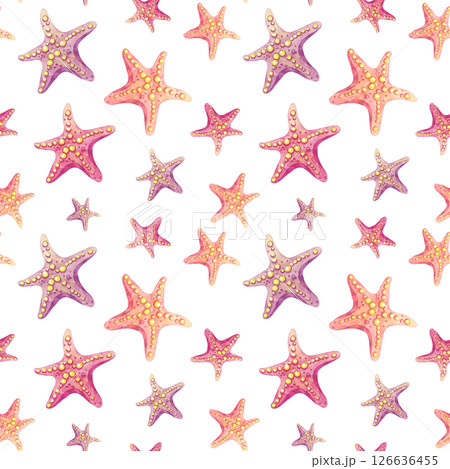 Assorted pink, orange, and purple watercolor starfish arranged in varied sizes in a seamless clipart pattern. Use for nursery items, scrapbook kits, or ocean-themed gift wrapping. 126636455