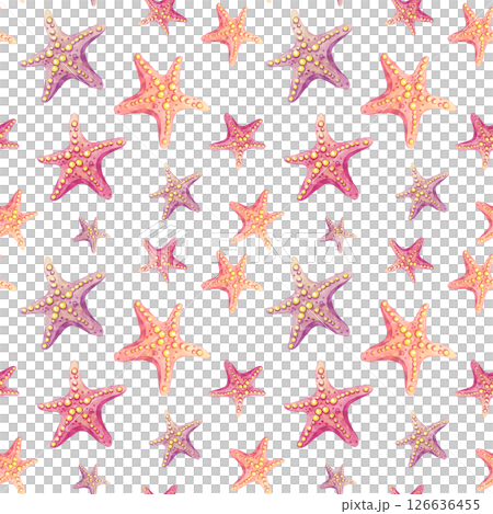 Assorted pink, orange, and purple watercolor starfish arranged in varied sizes in a seamless clipart pattern. Use for nursery items, scrapbook kits, or ocean-themed gift wrapping. 126636455