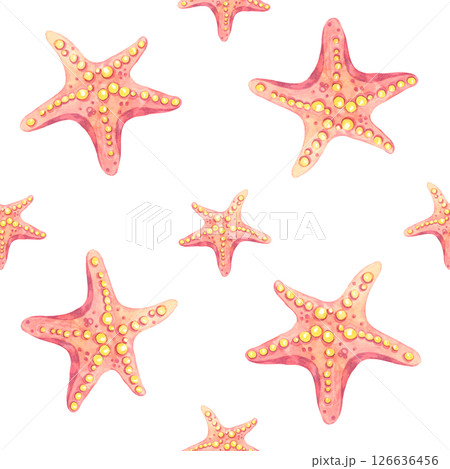 Large coral and peach watercolor starfish with fine textures in a clean seamless pattern. Perfect for summer beachwear, towels, curtains, or large-scale home textile applications. 126636456