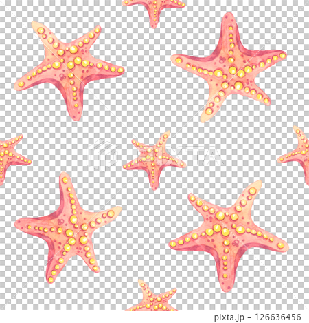 Large coral and peach watercolor starfish with fine textures in a clean seamless pattern. Perfect for summer beachwear, towels, curtains, or large-scale home textile applications. 126636456