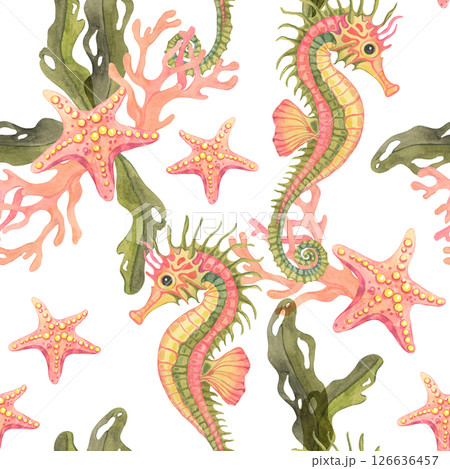 Curled seahorses and ocean stars among seaweed. This watercolor illustration seamless pattern is great for summery apparel, wrapping paper, wallpaper, or ocean-themed packaging Curled seahorses and ocean stars among seaweed. This watercolor illustration seamless pattern is great for summery apparel, wrapping paper, wallpaper, or ocean-themed packaging 126636457
