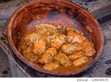 Regional traditional food cabbage rolls sold on market fair 126636470