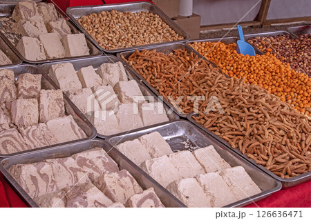 Traditional snacks sold on market fair 126636471
