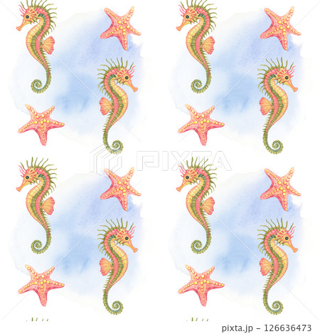 Seahorses in lime green and pink, paired with orange-pink starfish on soft blue watercolor spots, form a seamless pattern clipart for bath products, baby apparel, or ocean gift sets. 126636473