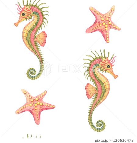 Coral-orange sea stars and green-yellow seahorses with fine spines in watercolor clipart seamless pattern. Ideal for ocean-themed textiles, gift wrap, or coastal stationery designs 126636478