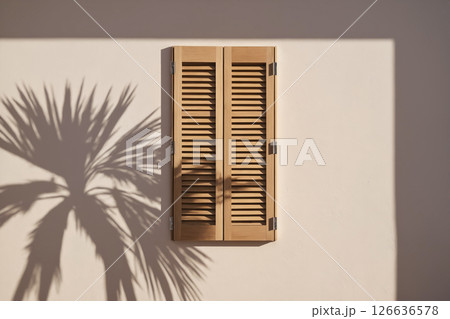 shutters on the window with palm shadow on wall. building facade 126636578