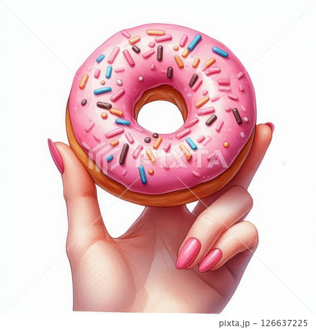 Hand holding pink glazed donut with colorful sprinkles isolated on white background Hand holding pink glazed donut with colorful sprinkles isolated on white background 126637225
