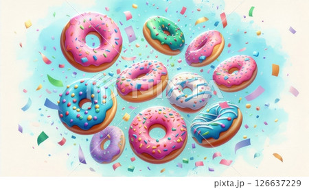 Flying colorful glazed donuts with sprinkles and confetti on blue background, festive sweet pastry illustration 126637229
