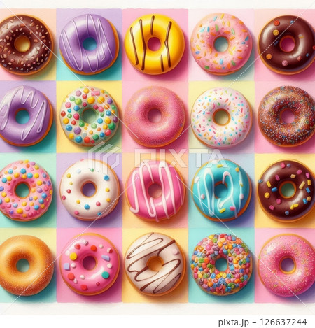 Colorful glazed donuts with sprinkles and candy in grid pattern on pastel squares, top view sweet food background 126637244