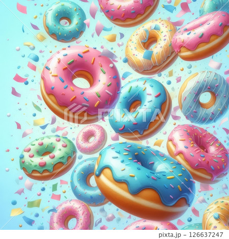 Colorful glazed donuts with sprinkles floating in air with confetti on pastel background, 3D illustration 126637247