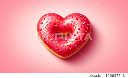 Heart-shaped donut with pink glaze and colorful sprinkles on pink background, 3D illustration 126637248