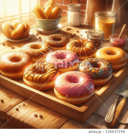 Assorted donuts with glaze and toppings on wooden tray in warm morning light, vintage hand-drawn style illustration 126637249
