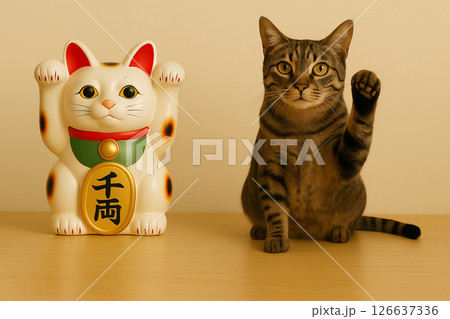 招き猫の真似をするキジトラ猫 126637336