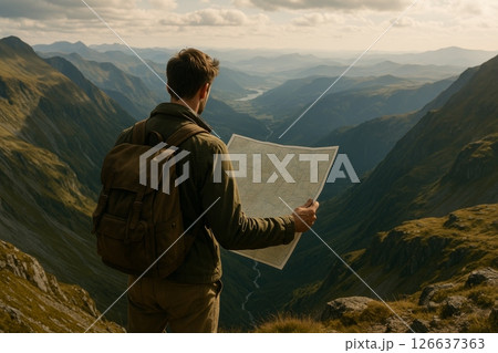 Hiker with backpack looking at map in mountain valley during outdoor adventure travel in scenic landscape 126637363